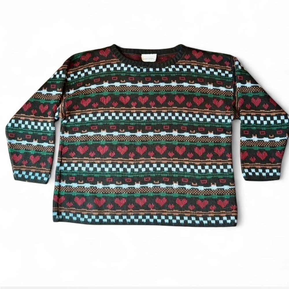 Vintage 80s Retro Indie Valentine Heart Geometric Striped Mens Pullover Sweater